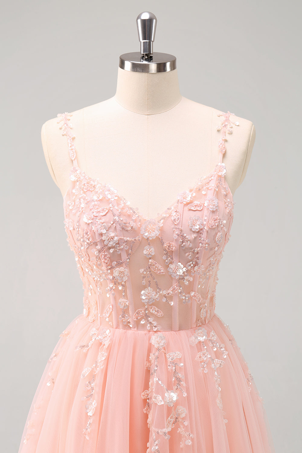 Sparkly Floral Blush Corset Tulle Long Prom Dress