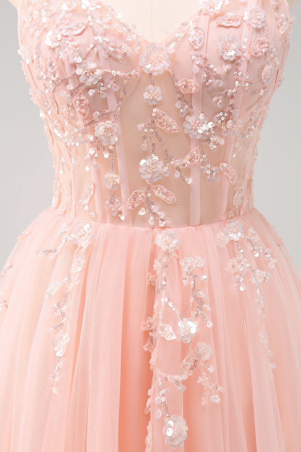 Sparkly Floral Blush Corset Tulle Long Prom Dress