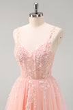 Sparkly Floral Blush Corset Tulle Long Prom Dress