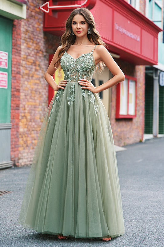 Sparkly Floral Green Corset Tulle Long Prom Dress with Lace