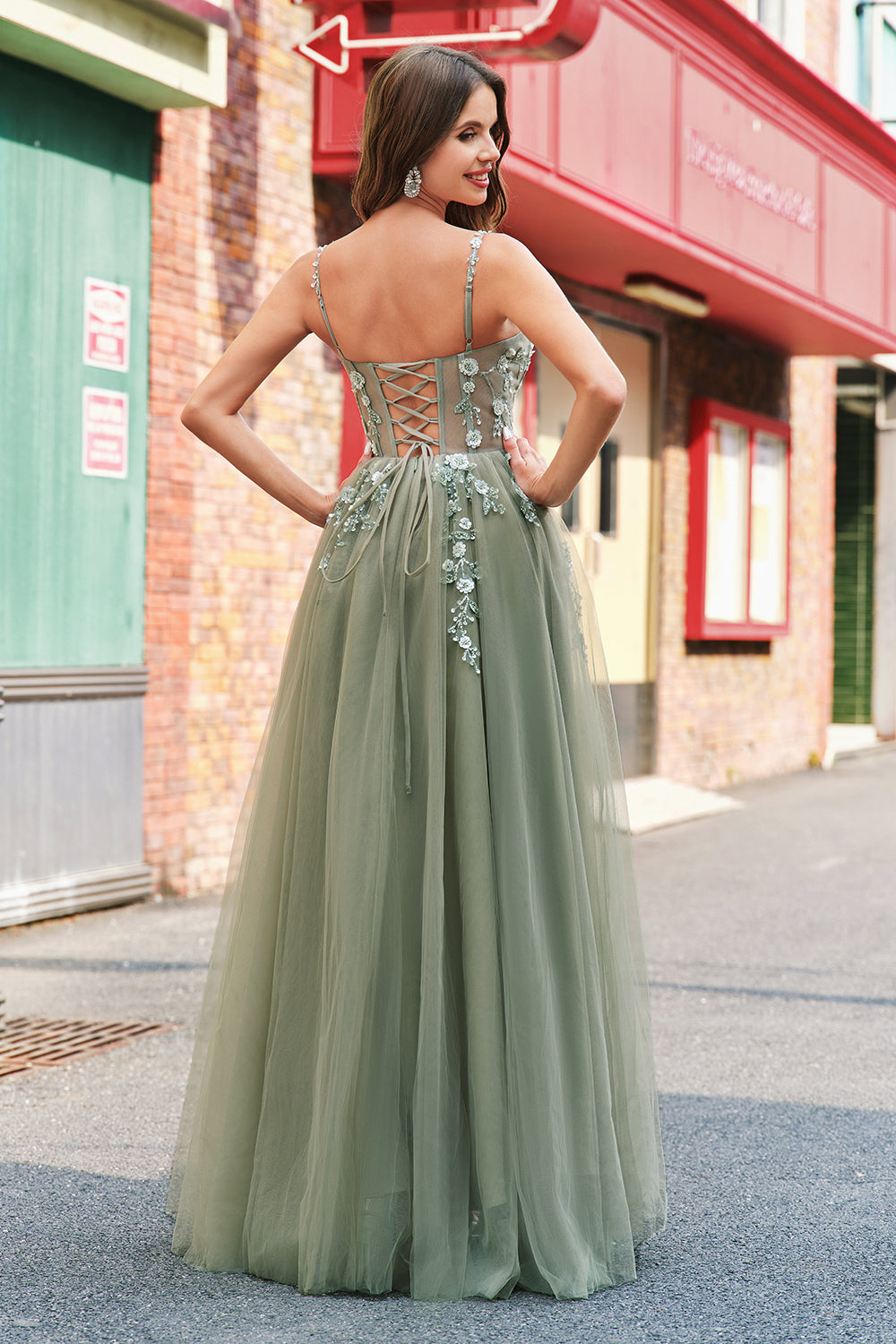 Sparkly Floral Green Corset Tulle Long Prom Dress with Lace