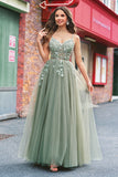 Sparkly Floral Green Corset Tulle Long Prom Dress with Lace