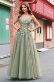 Sparkly Floral Green Corset Tulle Long Prom Dress with Lace