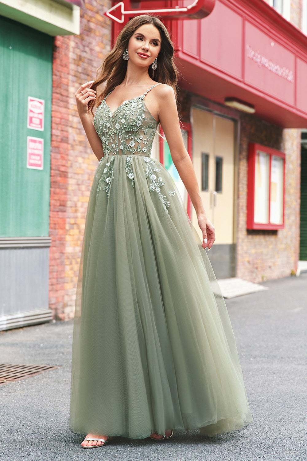 Sparkly Floral Green Corset Tulle Long Prom Dress with Lace