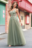 Sparkly Floral Green Corset Tulle Long Prom Dress with Lace