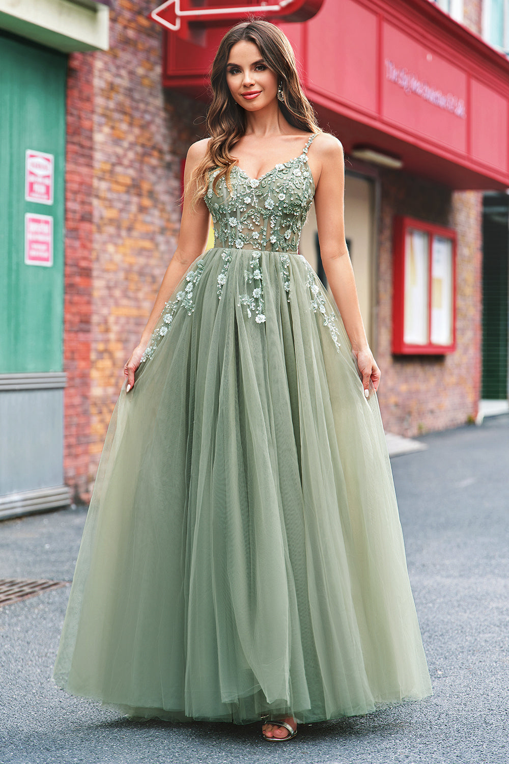 Sparkly Floral Green Corset Tulle Long Prom Dress with Lace