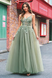 Sparkly Floral Green Corset Tulle Long Prom Dress with Lace