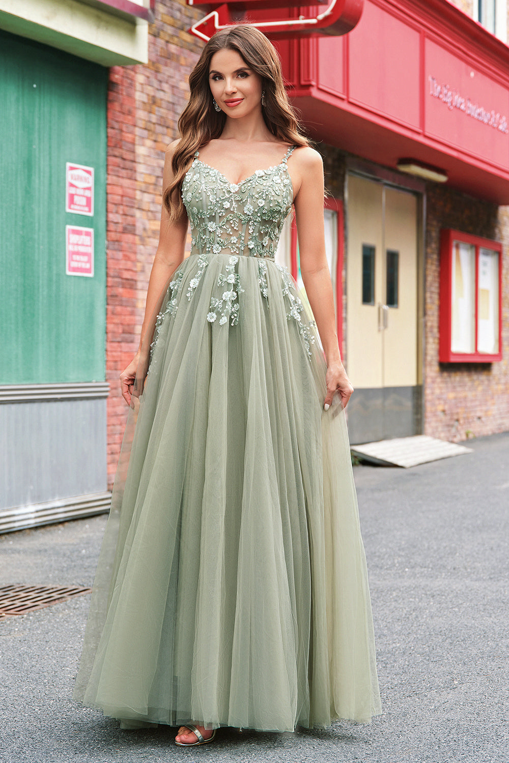 Sparkly Floral Green Corset Tulle Long Prom Dress with Lace