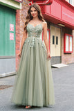 Sparkly Floral Green Corset Tulle Long Prom Dress with Lace