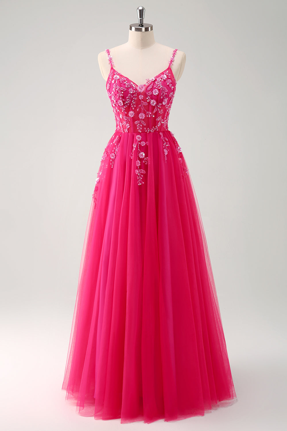 Sparkly Floral Blush Corset Tulle Long Prom Dress