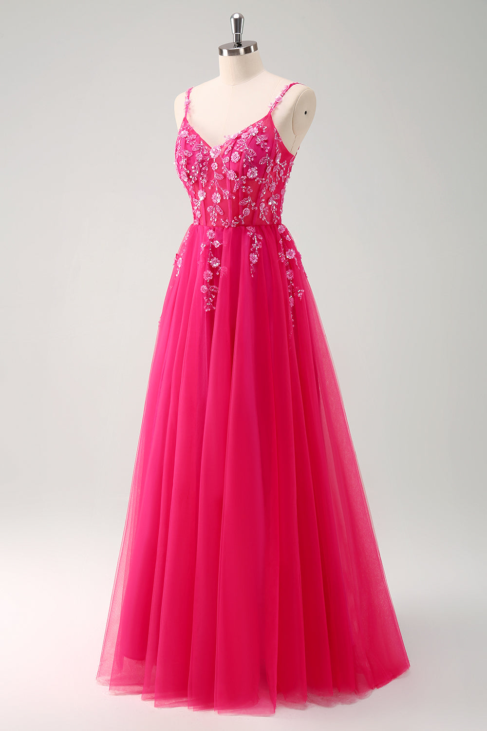 Sparkly Floral Blush Corset Tulle Long Prom Dress