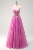 Sparkly Floral Blush Corset Tulle Long Prom Dress