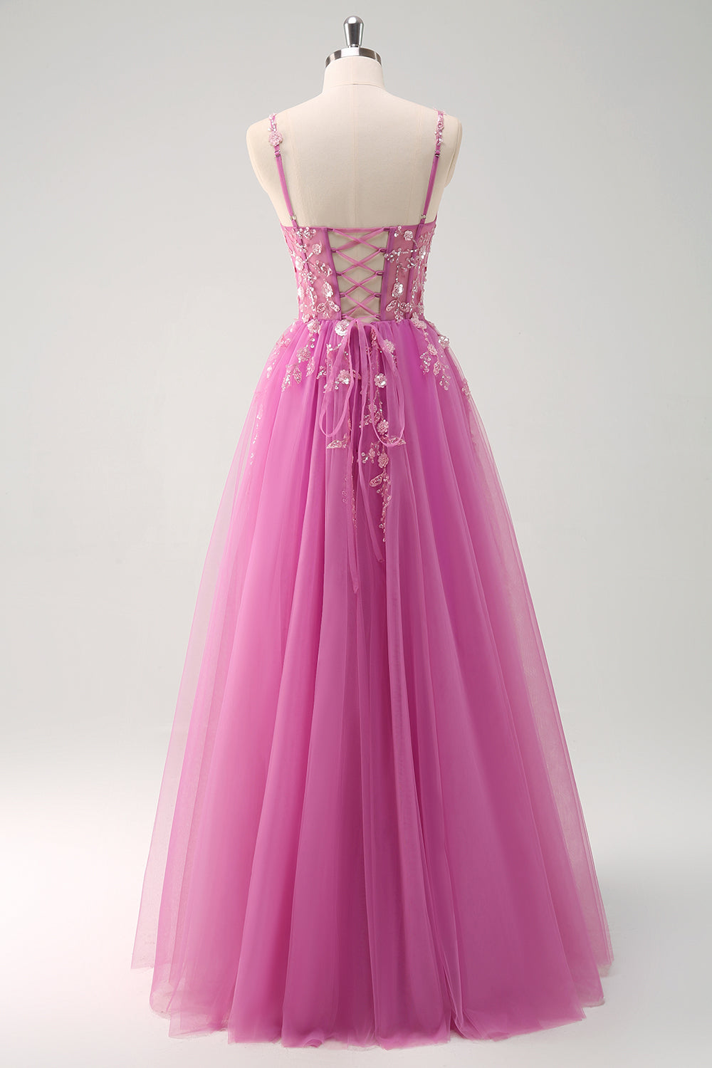 Sparkly Floral Blush Corset Tulle Long Prom Dress