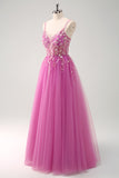 Sparkly Floral Blush Corset Tulle Long Prom Dress