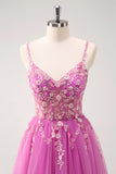 Sparkly Floral Blush Corset Tulle Long Prom Dress