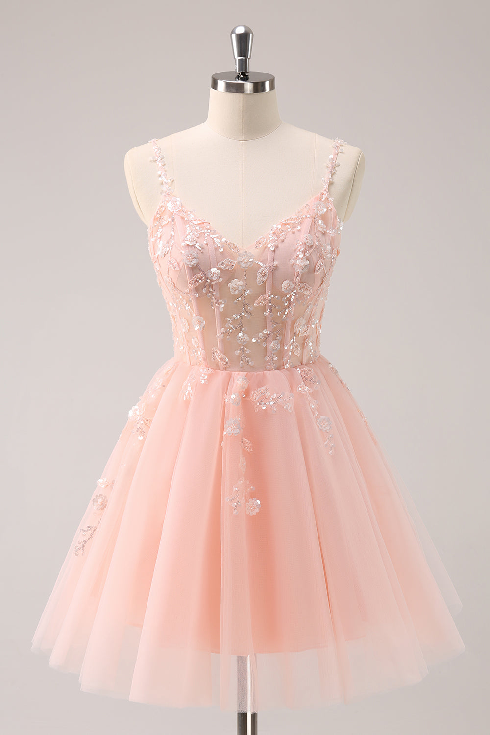 Sparkly Blush Floral Corset A-Line Short Homecoming Dress