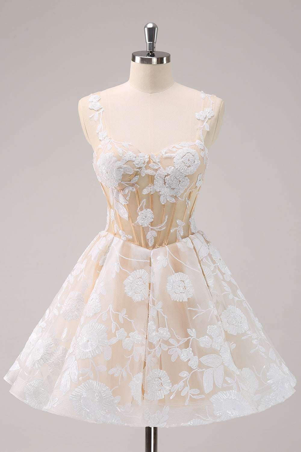 Sparkly White Floral Corset A-Line Short Homecoming Dress