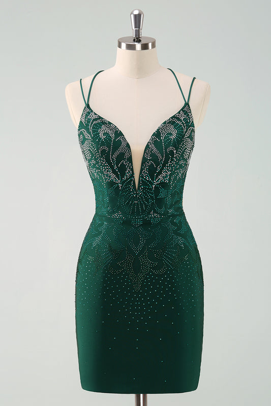 Sparky Dark Green Tight Short Homecoing Dress with Beadings