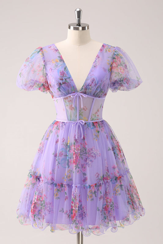 Purple A-Line V Neck Corset Short Floral Homecoming Dress with Lace Up Back