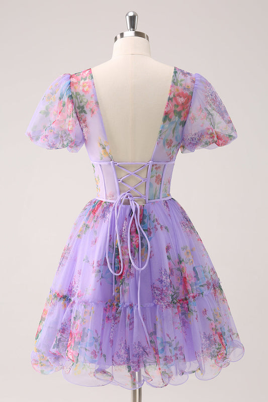 Purple A-Line V Neck Corset Short Floral Homecoming Dress with Lace Up Back