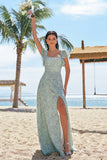 Grey Green Square Neck Floral Printed Bridesmaid Dress with Slit