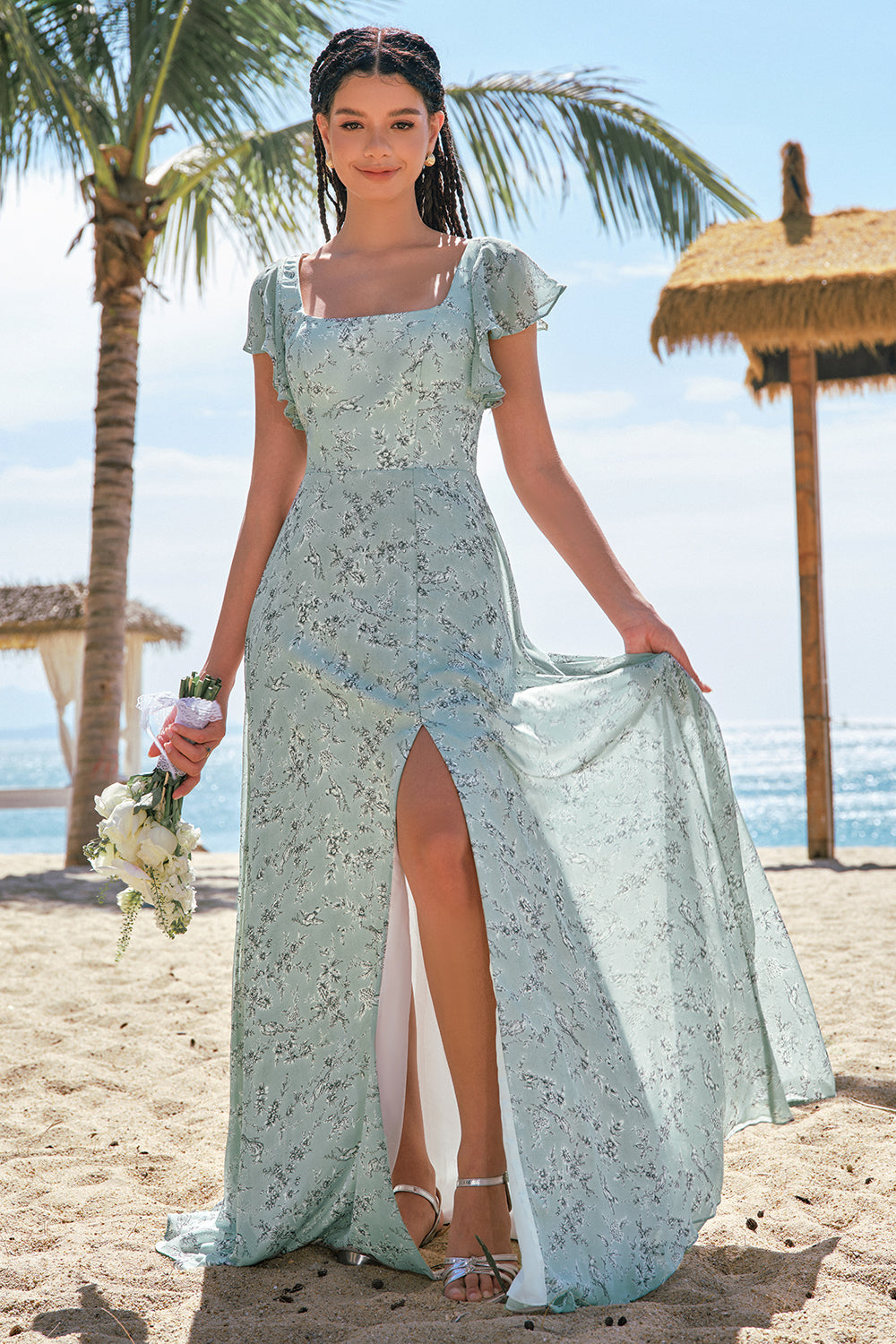 Grey Green Square Neck Floral Printed Bridesmaid Dress with Slit