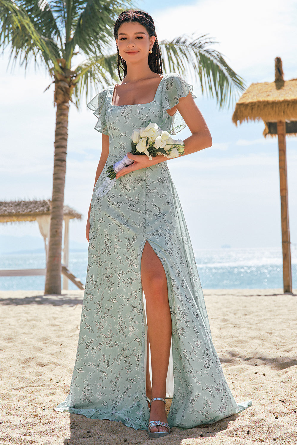 Grey Green Square Neck Floral Printed Bridesmaid Dress with Slit