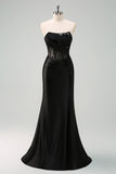 Black Corset Mermaid Strapless Long Prom Dress with Slit