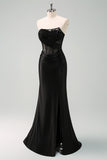 Black Corset Mermaid Strapless Long Prom Dress with Slit