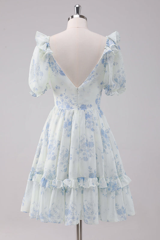 Light Blue Floral Short Homecoming Dress with Short Sleeves