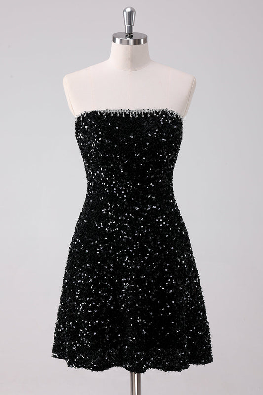 Sparkly Black A-Line Strapless Sequins Short Homecoming Dress