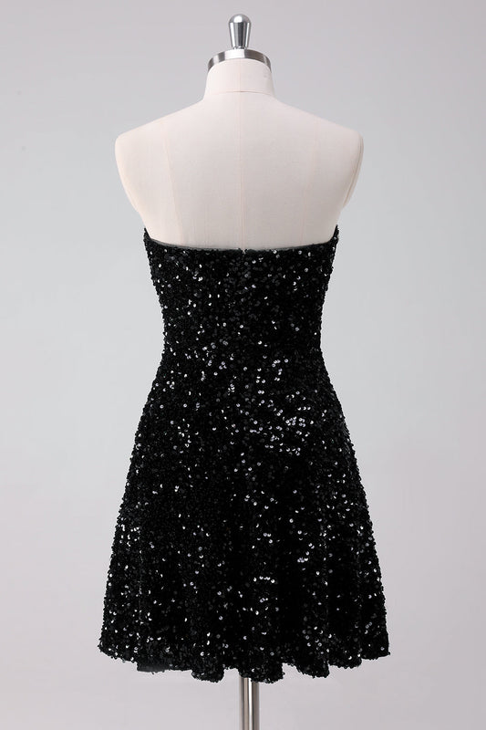 Sparkly Black A-Line Strapless Sequins Short Homecoming Dress