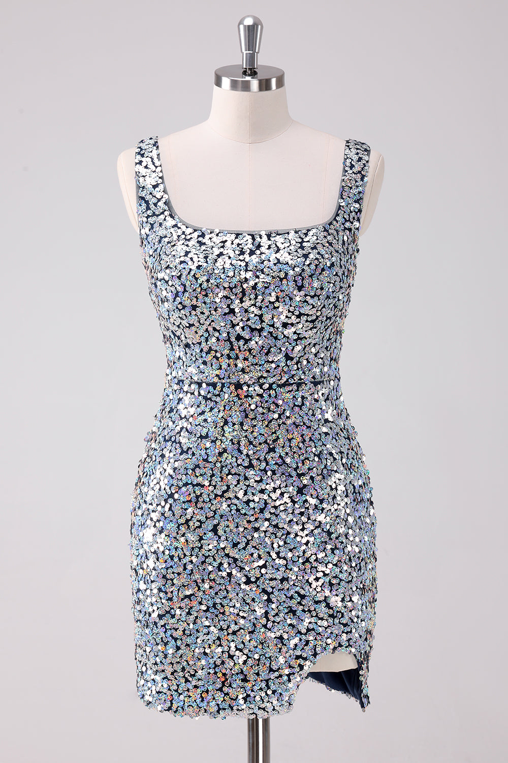 Sparkly Silver Square Neck Tight Short Homecoming Dress