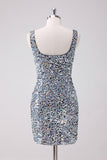 Sparkly Silver Square Neck Tight Short Homecoming Dress