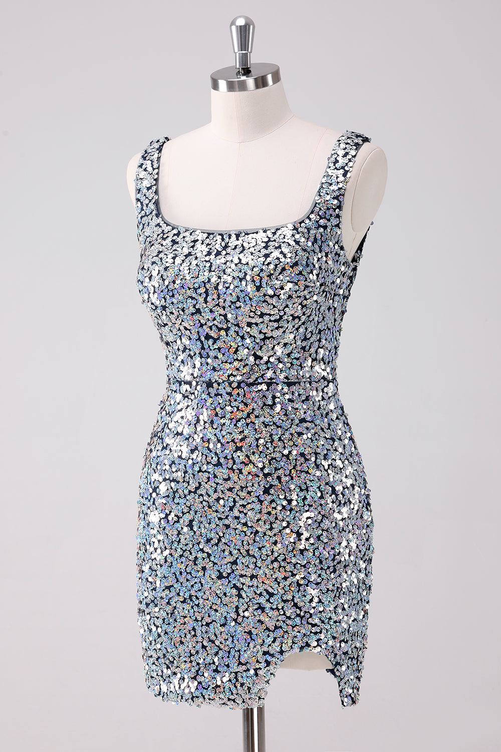 Sparkly Silver Square Neck Tight Short Homecoming Dress