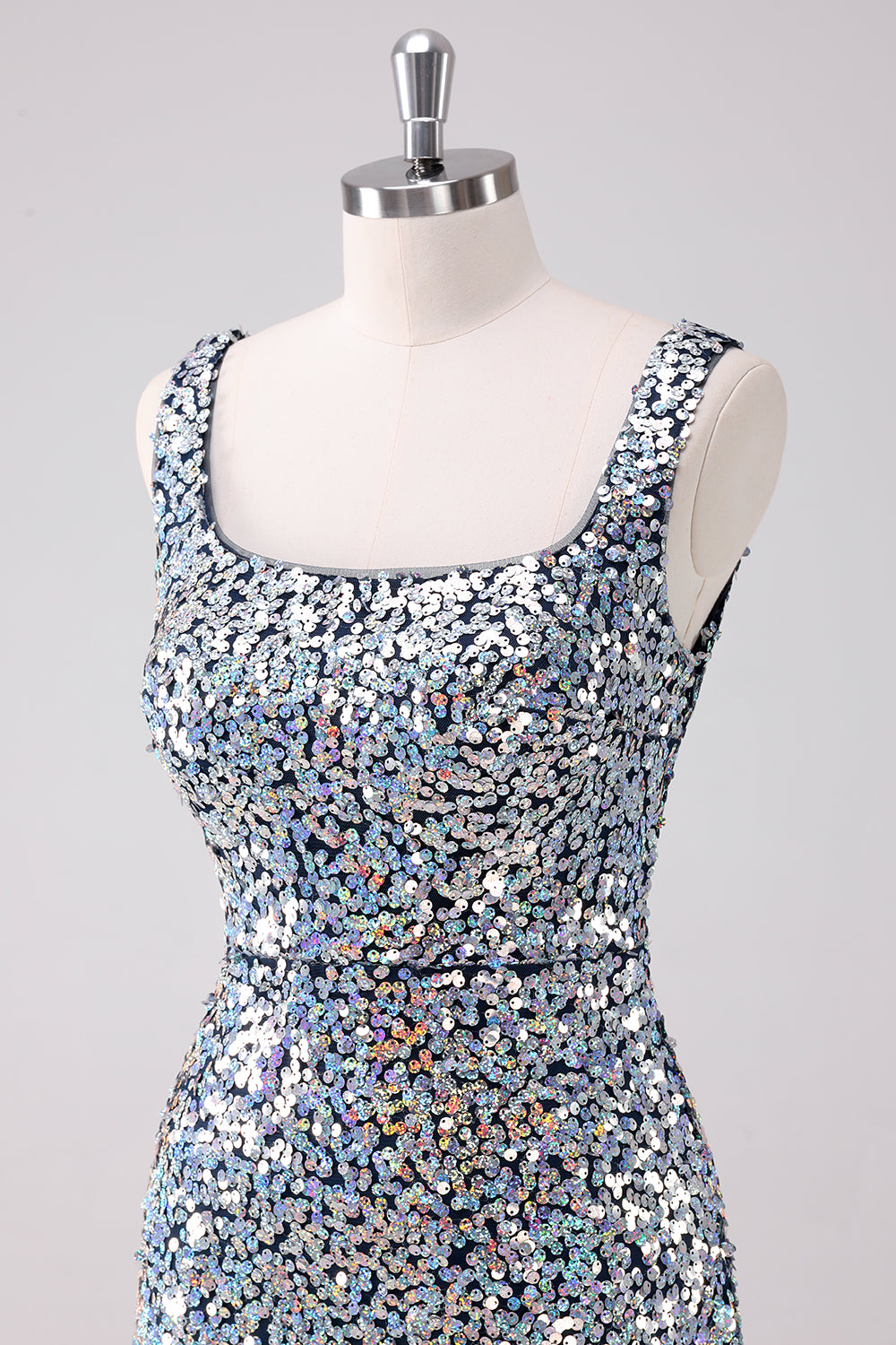 Sparkly Silver Square Neck Tight Short Homecoming Dress