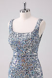 Sparkly Silver Square Neck Tight Short Homecoming Dress