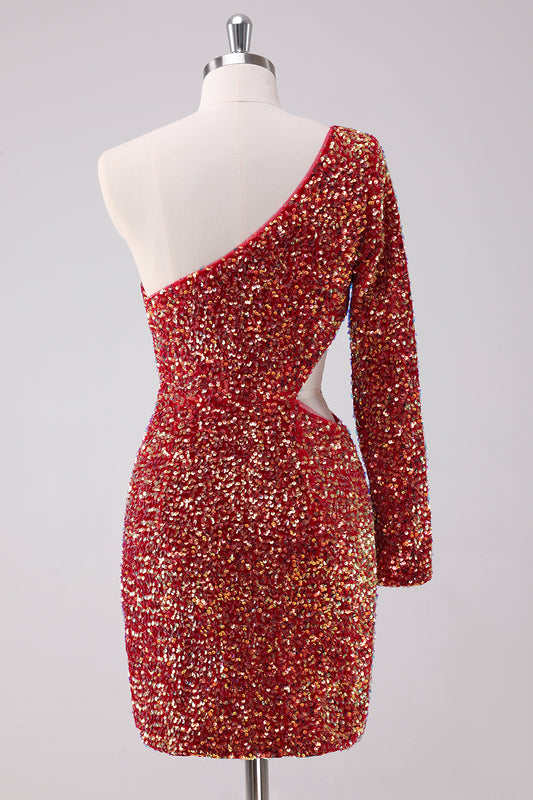 Sparkly Red One Shoulder Tight Short Homecoming Dress with Long Sleeves