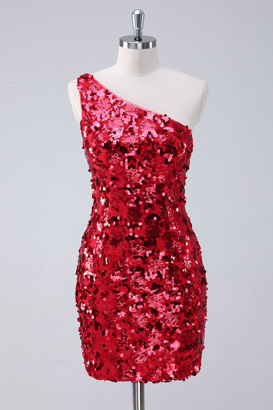 Sparkly One Shoulder Red Tight Short Homecoming Dress