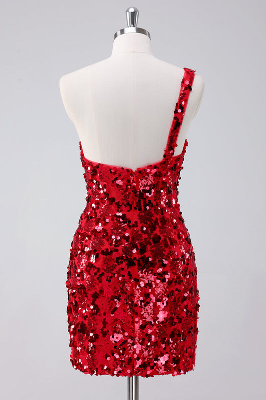 Sparkly One Shoulder Red Tight Short Homecoming Dress