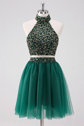 Sparkly Dark Green 2 Pieces Halter A Line Short Homecoming Dress