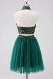 Sparkly Dark Green 2 Pieces Halter A Line Short Homecoming Dress