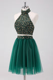 Sparkly Dark Green 2 Pieces Halter A Line Short Homecoming Dress