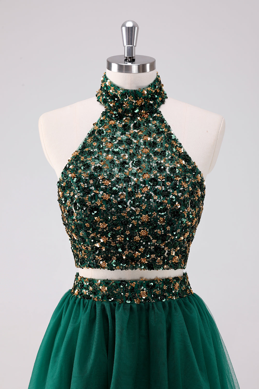 Sparkly Dark Green 2 Pieces Halter A Line Short Homecoming Dress