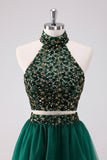 Sparkly Dark Green 2 Pieces Halter A Line Short Homecoming Dress