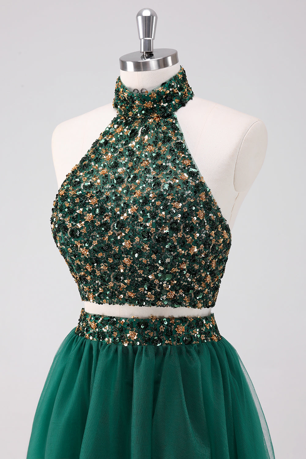 Sparkly Dark Green 2 Pieces Halter A Line Short Homecoming Dress