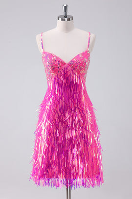 Sparkly Hot Pink Spaghetti Straps Long Homecoming Dress with Fringes