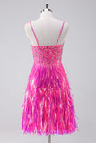 Sparkly Hot Pink Spaghetti Straps Long Homecoming Dress with Fringes