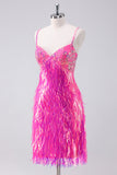 Sparkly Hot Pink Spaghetti Straps Long Homecoming Dress with Fringes