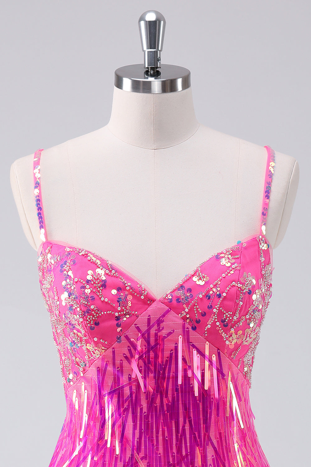 Sparkly Hot Pink Spaghetti Straps Long Homecoming Dress with Fringes